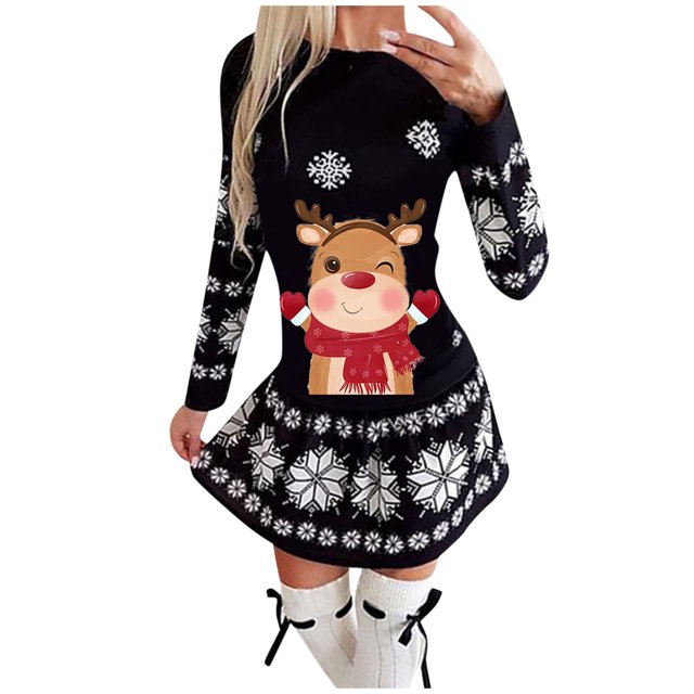 Vestidos de Navidad Para Mujer Moda Otoño E Invierno Manga Larga Navidad Impreso Cuello Redondo Vestidos Largos Odeerbi ODB198532