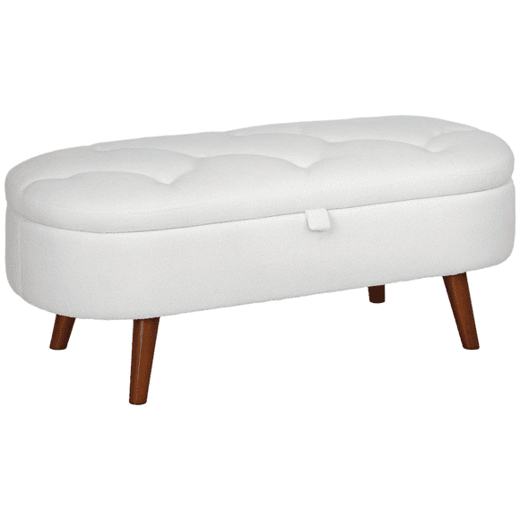 HOMCOM Boucle Storage Ottoman Bench with Wood Legs for Living Room, White
