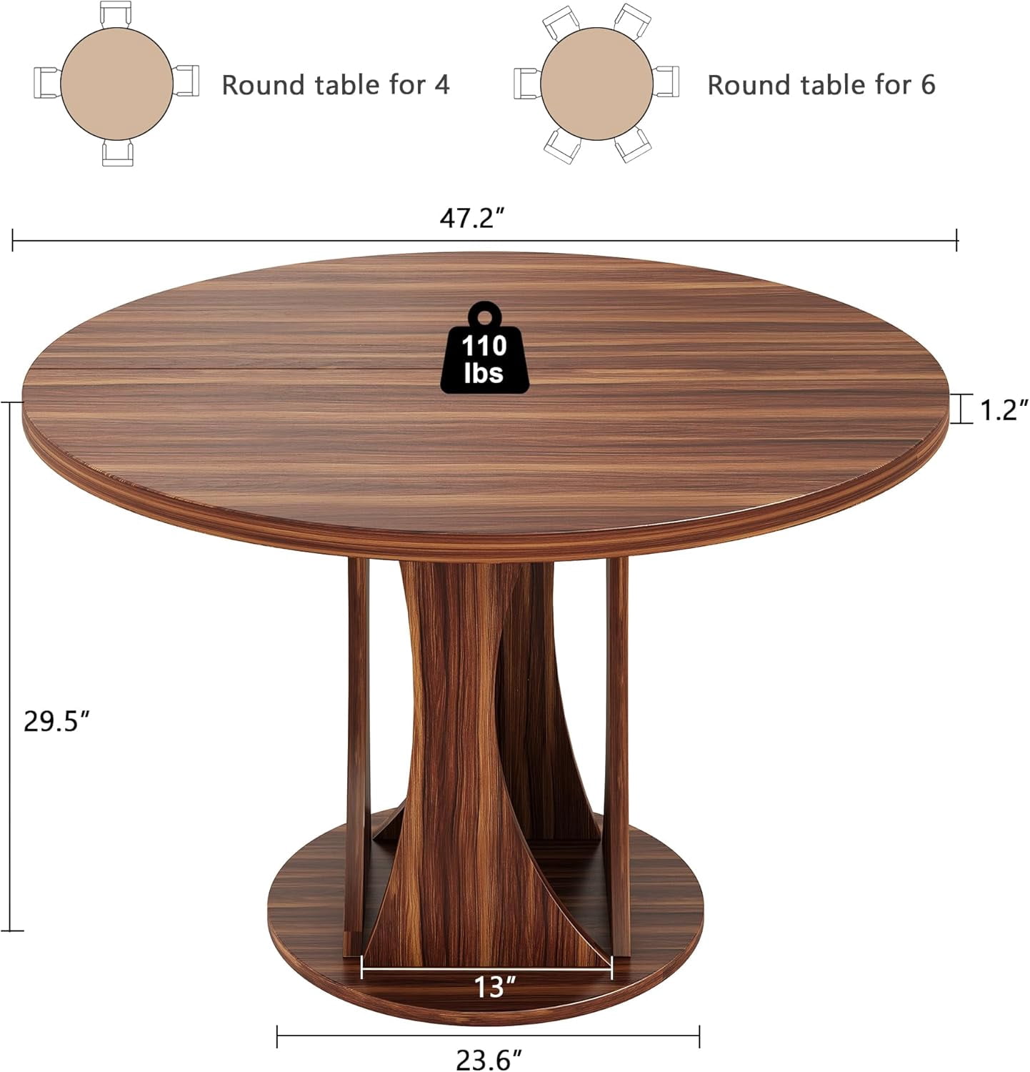 Virans 47.2" Round Dining Room Table for 4-6,Dinner table with MDF for Kitchens,Living Rooms,Walnut