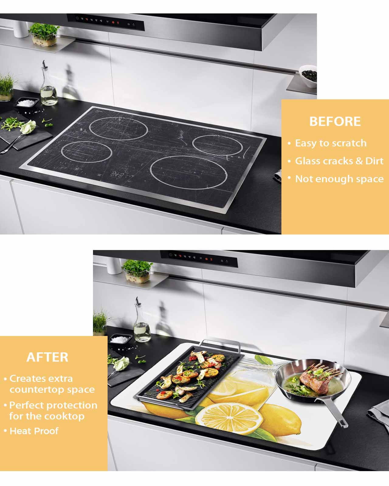 nqOlkjepod Large Induction Cooktop Protector Mat 24"x21", Lemon Stove Top Covers for Electric Stove, Summer Fruit Nature Country Watercolor Yellow Stove Burner Cover Mats, Glass Top Stove Cover