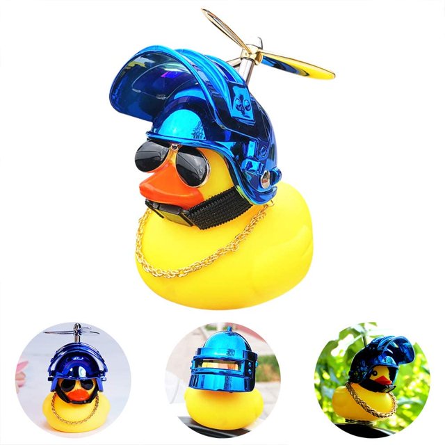 Adornos de coche de juguete de pato de goma, decoraciones de salpicadero de coche de pato amarillo, gafas geniales de pato con casco de hélice, hoja de plata, azul zafiro BANYUO Electrónica