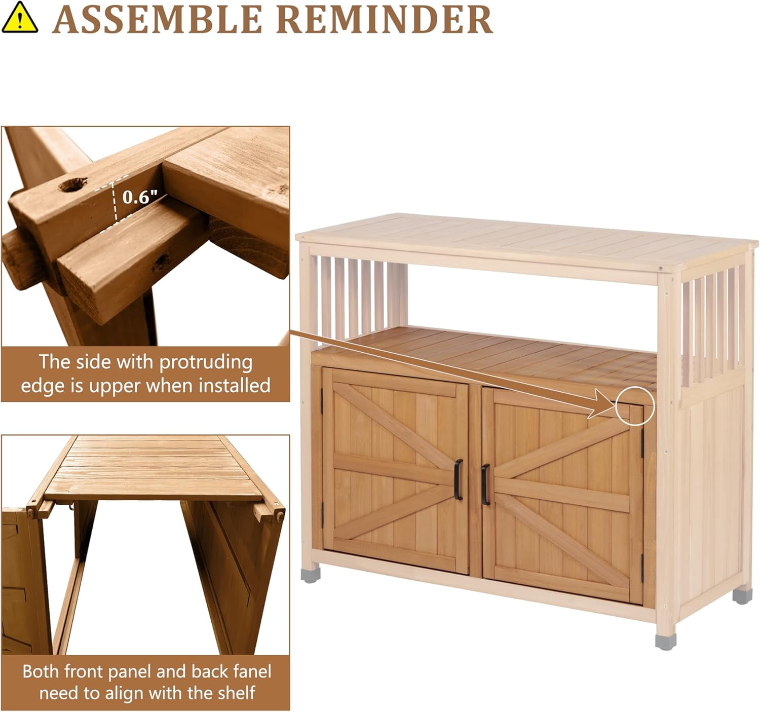 Wooden Patio Bar Table with Storage Cabinet, Outdoor Buffet Sideboard and Serving Station with Slatted Design, Light Brown