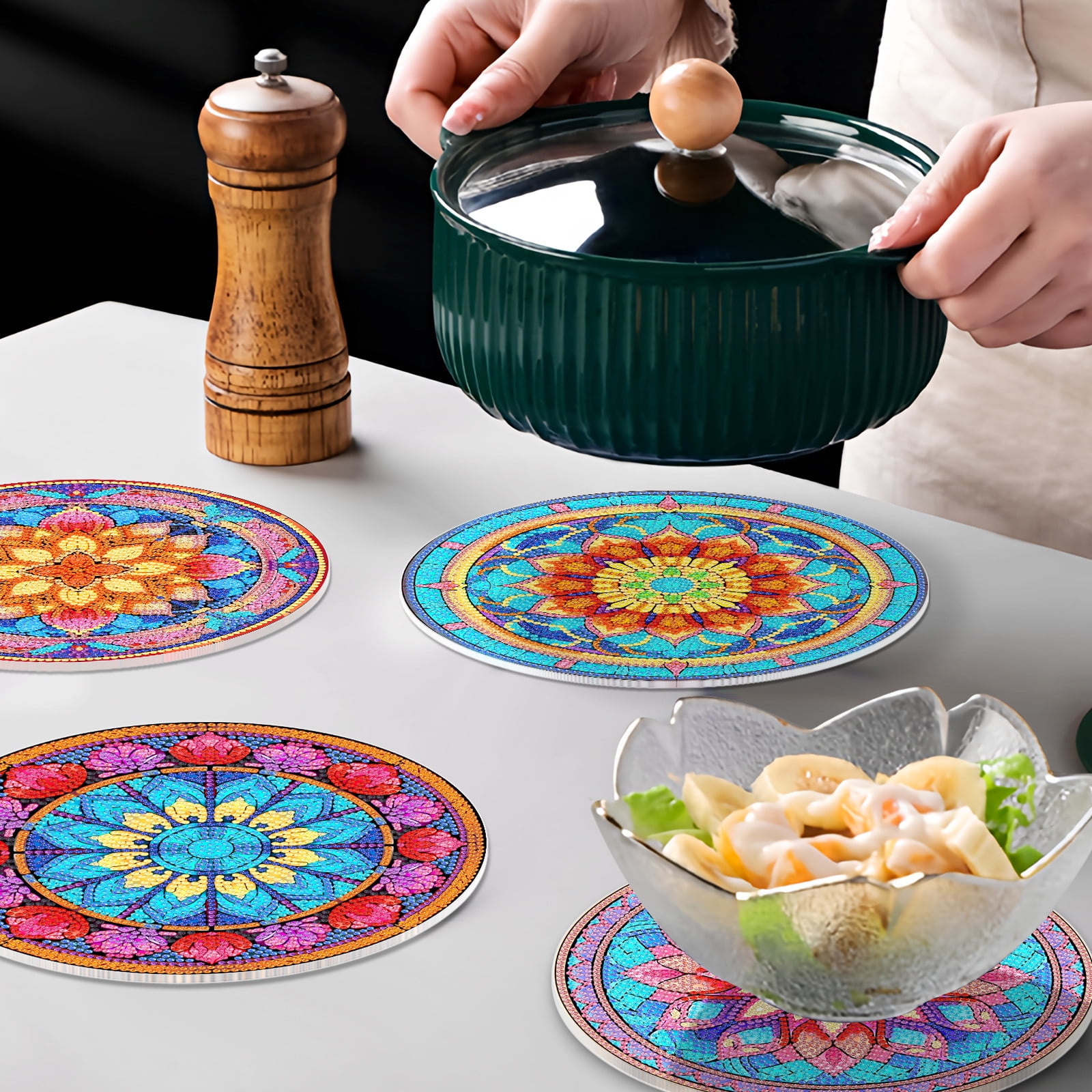 FLOPESN 4 Pcs Diamond Art Painting Coasters,Acrylic Single-Sided Dotted Diamond Dinner Plate Set for Restaurant Decoration-Mandola
