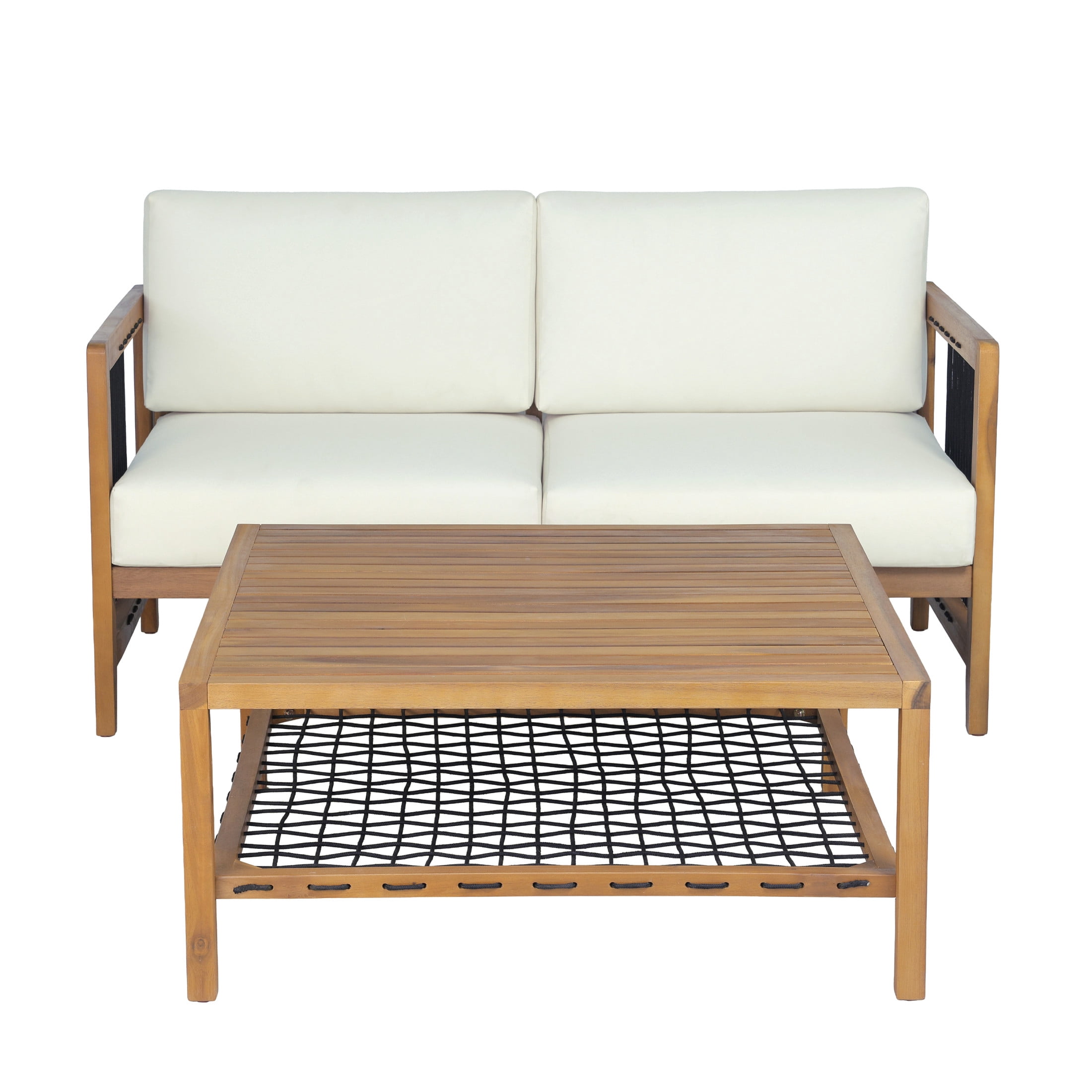 Christopher Knight Home 2-Piece Outdoor Loveseat with Coffee Table, Handwoven Rope and Cushions, Teak+Beige