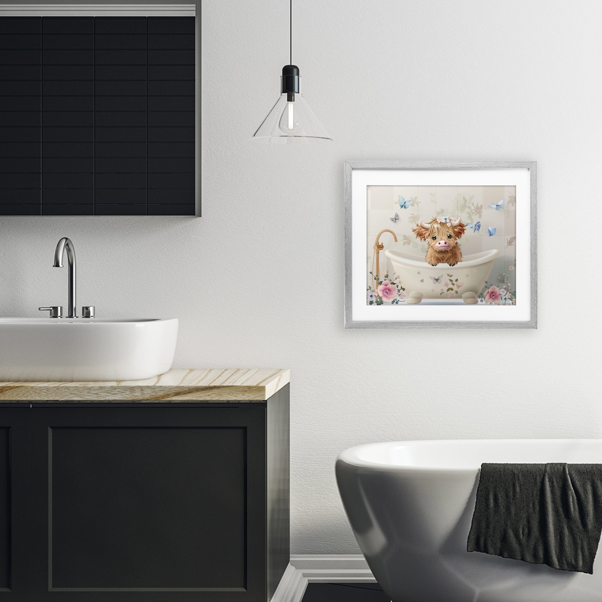 Baby Cattle in Floral Tub Gray Framed Print Under Glass, design by Shawna Stewart