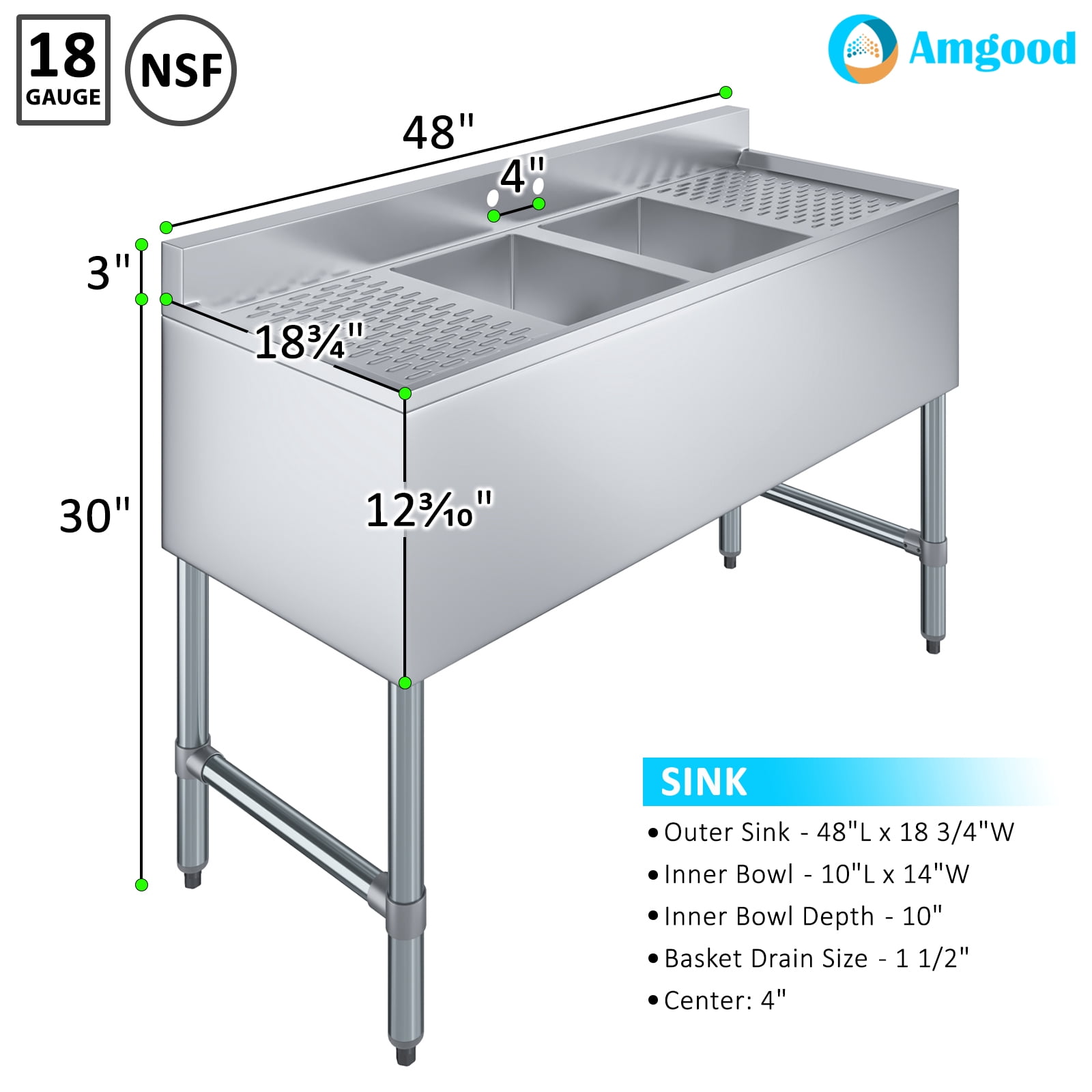 AmGood 48 in. x 19 in. Two Compartment Under Bar Sink With Two Drainboards | Stainless Steel Commercial Two Bowls Underbar Sink NSF.