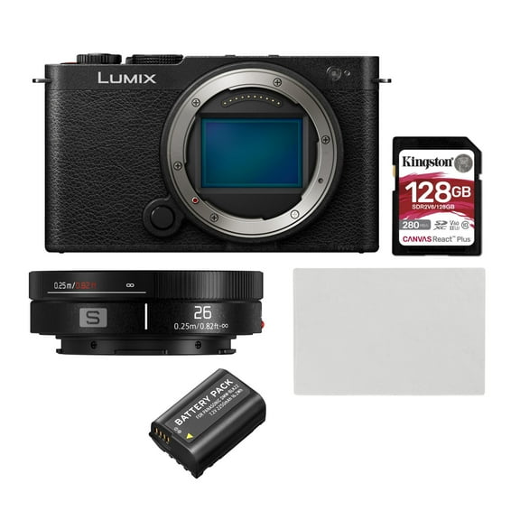 Panasonic LUMIX S9 Full Frame Camera Body with Phase Auto Focus Bundle with Panasonic S-R26 LUMIX S Lens, 128GB SD Card with 280MBPS Read Speed, Lithium-Ion Battery Pack and Screen Protector (5 Items)
