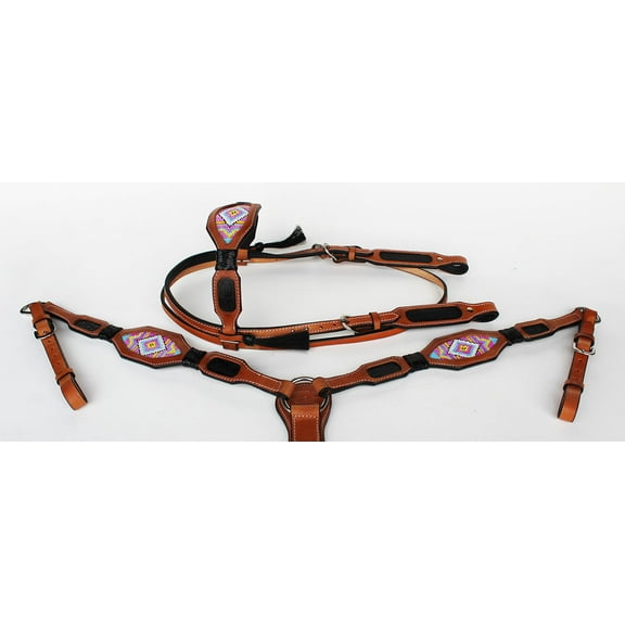 Horse Bridle Western Leather Headstall Breast Collar Tack Beaded Purple BRN 7913