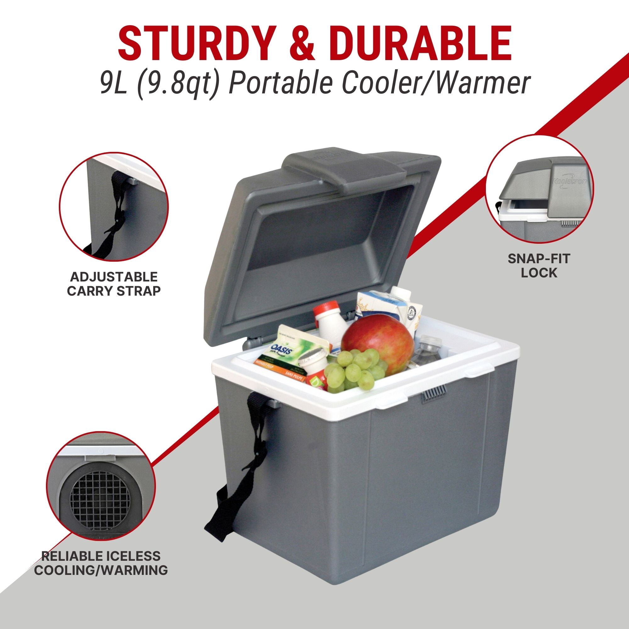Koolatron 12V Electric Cooler/Warmer 9L (9.8 qt), Adjustable Strap, Gray