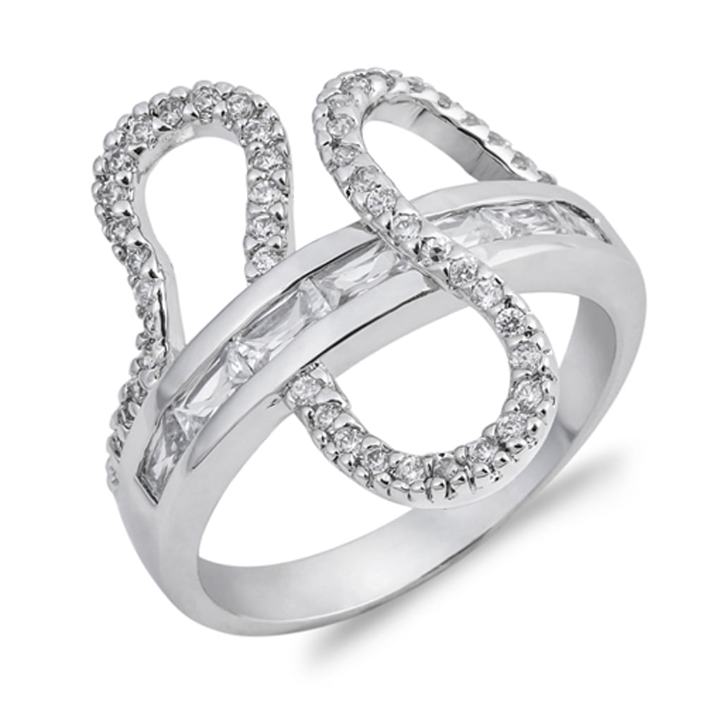 White Cubic Zirconia Wave Criss Cross Swirl Ring .925 Sterling Silver ...