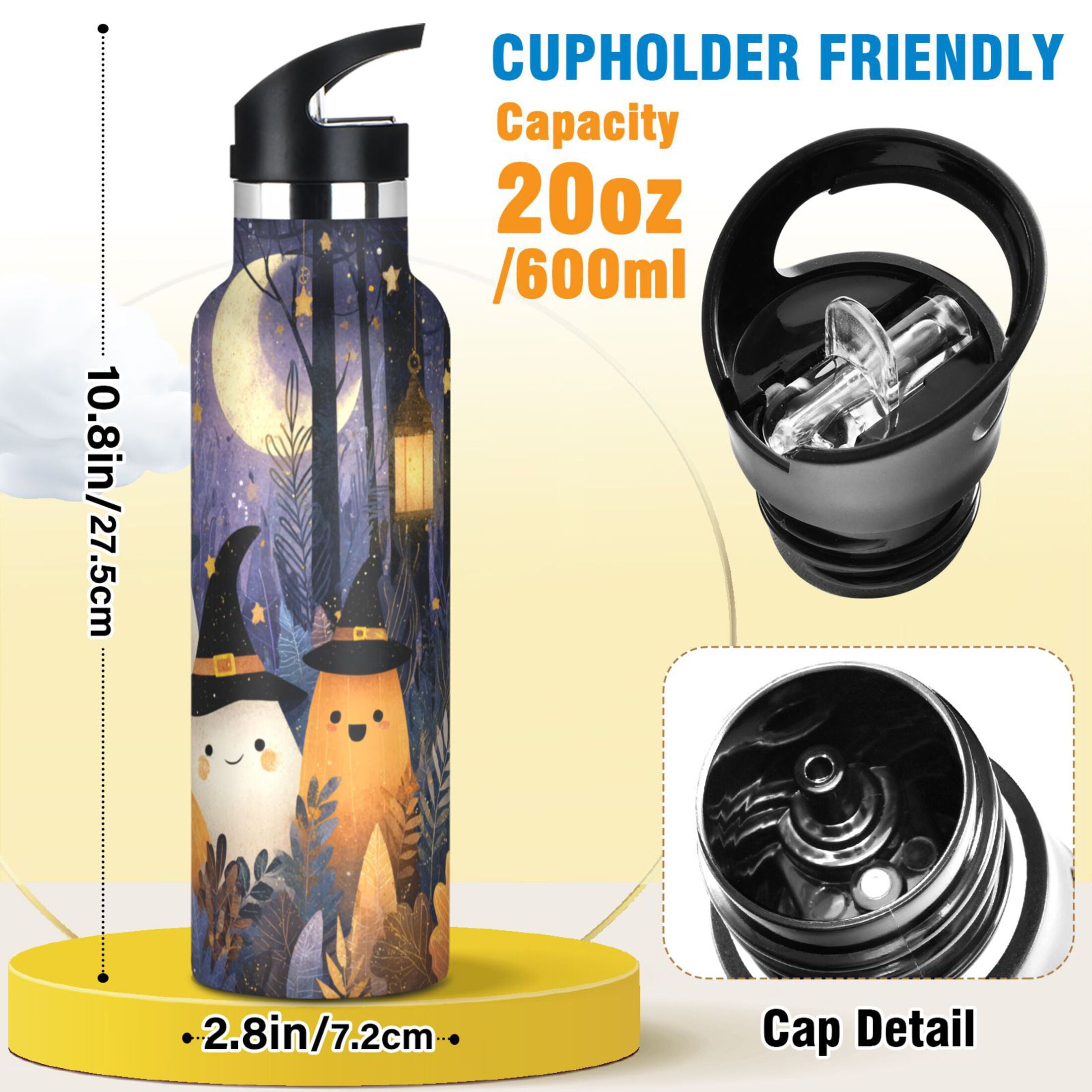 Kids Insulated Stainless Steel Sports Water Bottle 600ml (20oz) Halloween-themed with Ghosts
