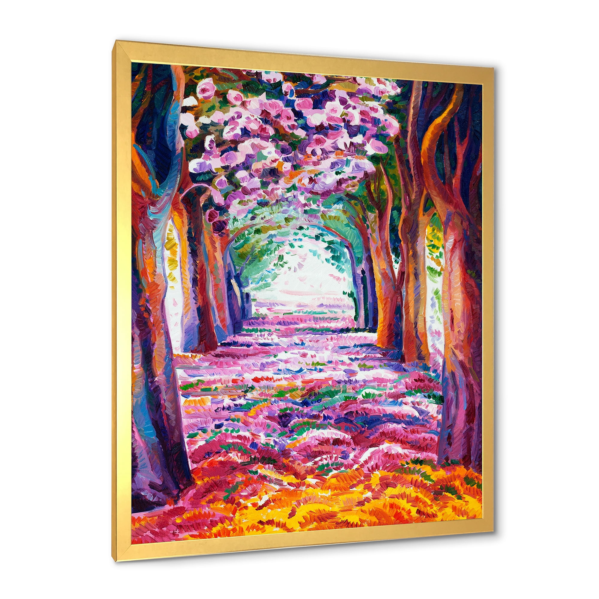 Pink Flowering Colorful Spring Forest 16 in x 32 in Framed Painting Canvas Art Print, by Designart