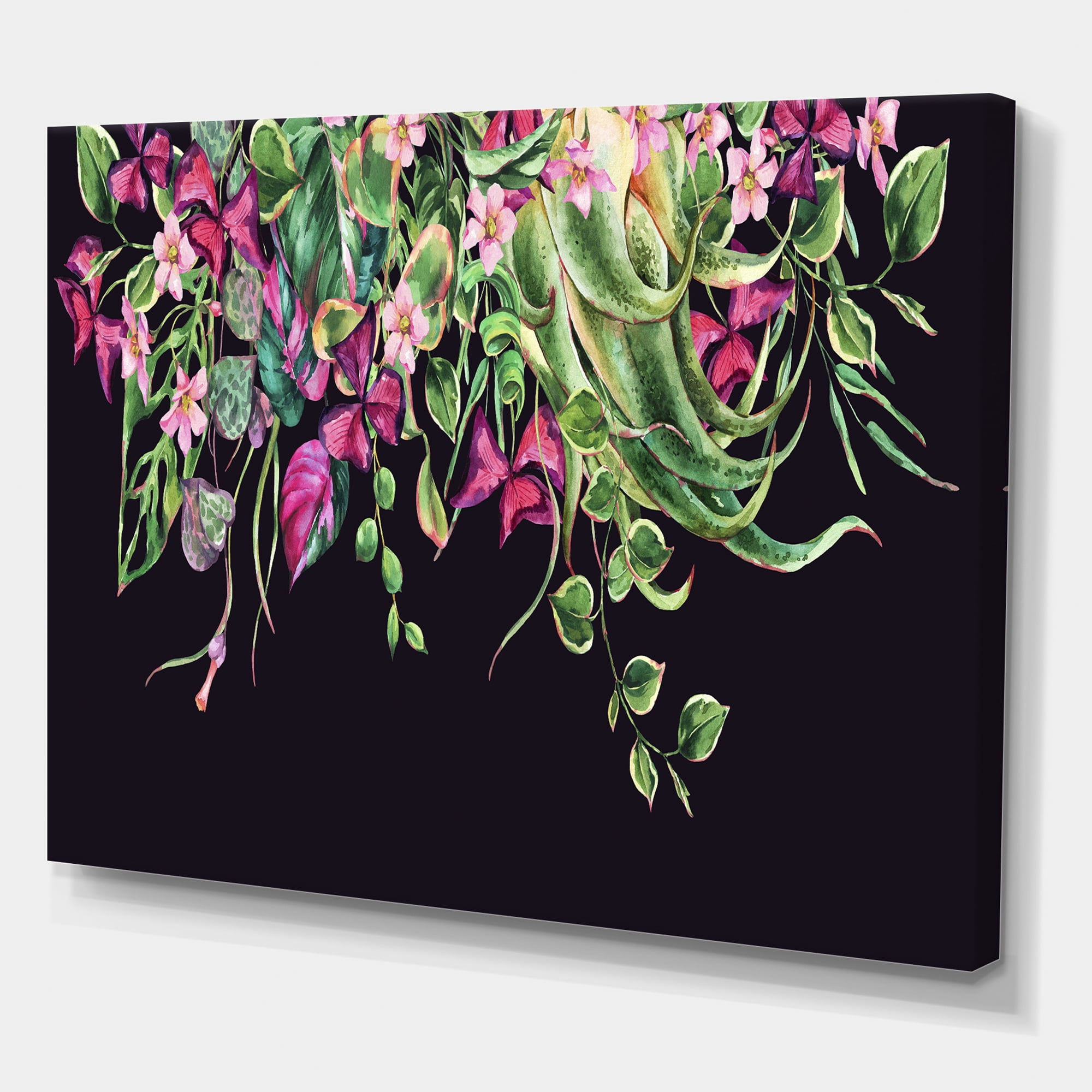 Designart ' Floral Tropical Leaves On Black Background ' Farmhouse Canvas Wall Art Print
