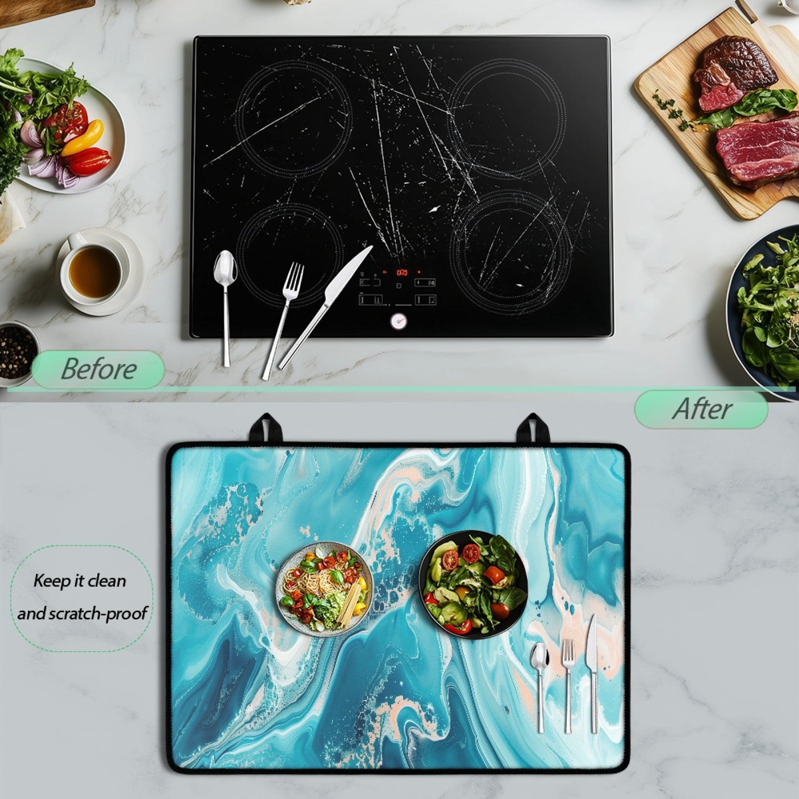 Renewold Glass Top Stove Cover for Electric Stove, Foldable Cooktop Protector Multipurpose Mat Washer Dryer Top Protector Kitchen Decor Accessories, Blue Marble