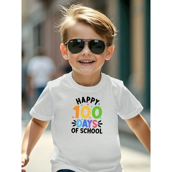 Happy 100 Days of School T-Shirt for Kindergarten- Soft 100% Cotton Round Neck Short Sleeve, Breathable Regular Fit