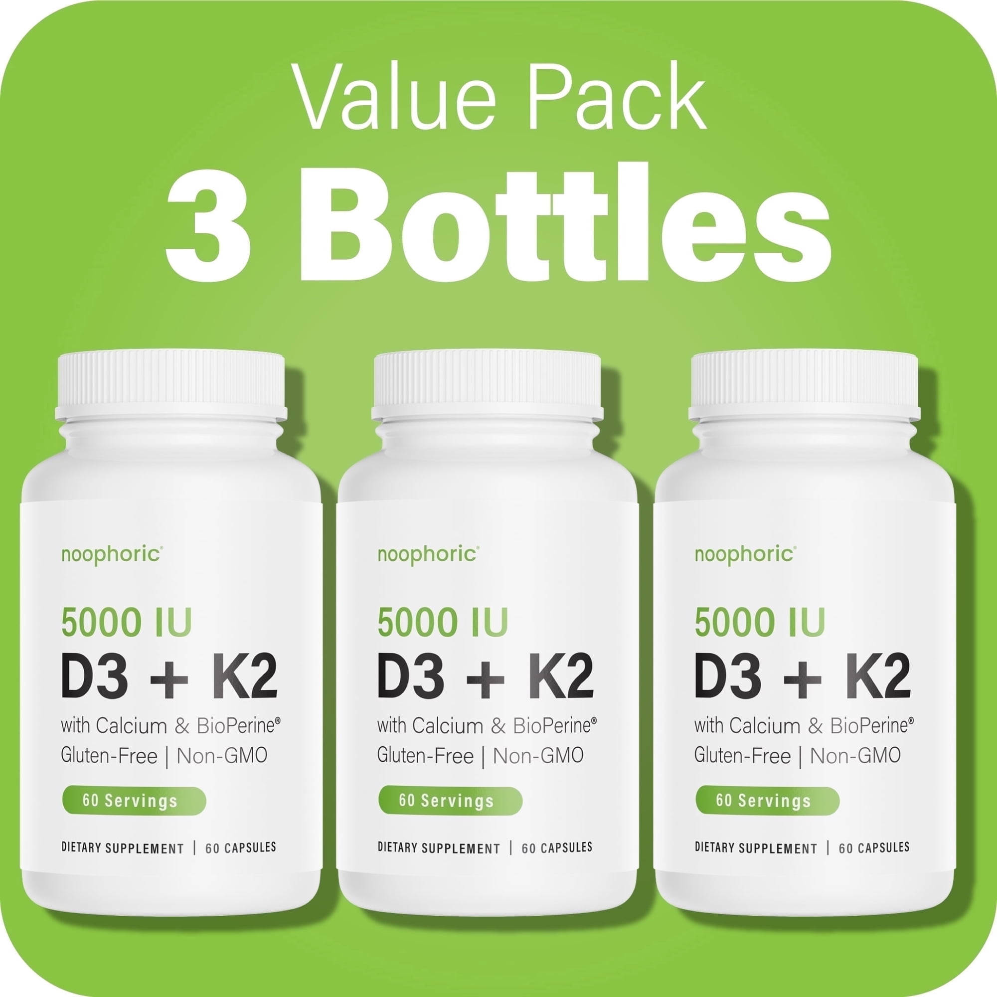 Noophoric Vitamin D3 K2 5000 IU Supplement with Calcium, BioPerine - Non-GMO, 180 Capsules (3 pack)