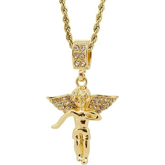 Hip Hop Bling Gold Tone Guardian Angel Pendant 24" Rope Chain #1036