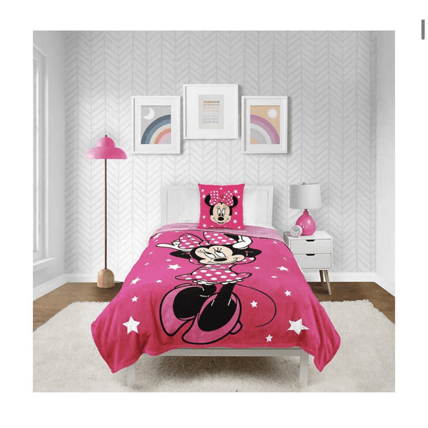 Jay Franco Minnie Mouse Character Pillow & Oversized Blanket Throw Set, pink and black, Minnie