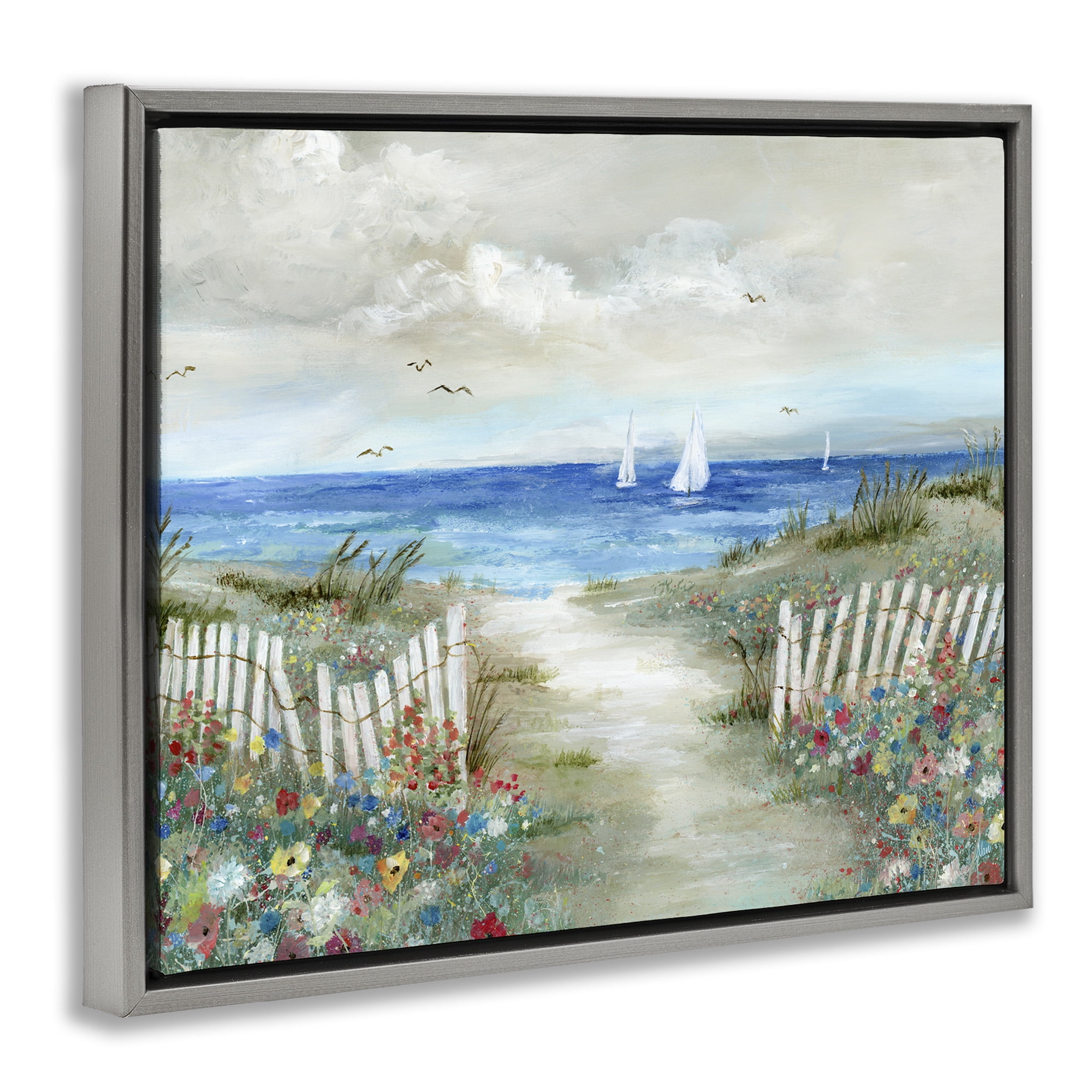 Stupell Industries Gorgeous Traditional Beach Scene Nature Painting Gray Floater Framed Canvas Art Print Wall Art, 31 x 25