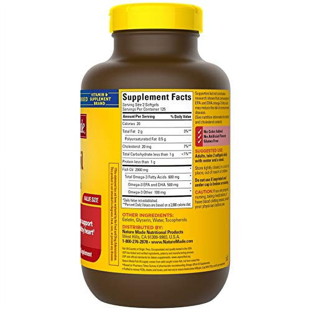 Nature Made Fish Oil 1000 mg, 250 Softgels Value Size, Fish Oil Omega 3 Supplement For Heart Health