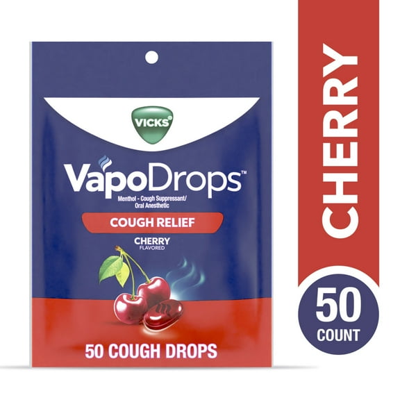 Vicks VapoDrops Cough Drops/Throat Lozenges for Cough and Sore Throat Relief, Cherry, 50ct