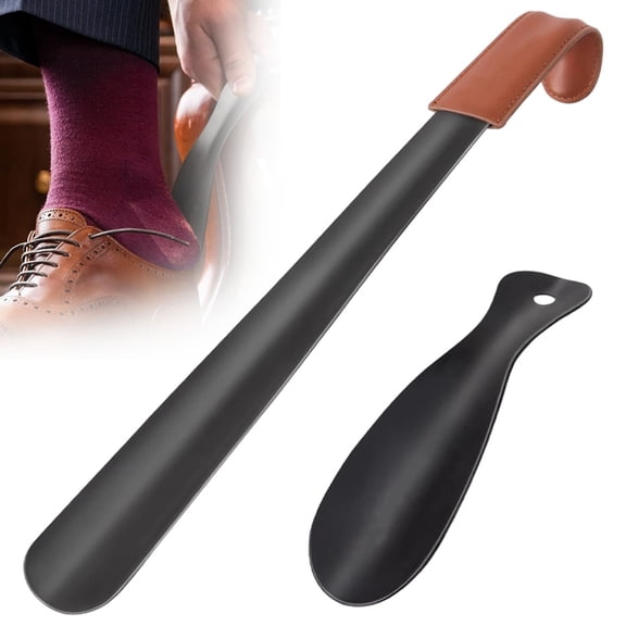 2 Pack Metal Shoe Horn Set, 16.5 Inch Long Handled Shoehorn with Leather Grip, 7.5 Inch Travel Shoehorn with Hook, Durable Stainless Steel Shoe Helper for Home On-the-Go Use