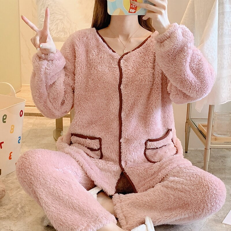 Shop Generic Spring Winter Anti Cold Keep Warm Women Coral Fleece Pajamas  Set of Sleepcoat & Lady Thermal Flannel Home Clothing Pajama set Online