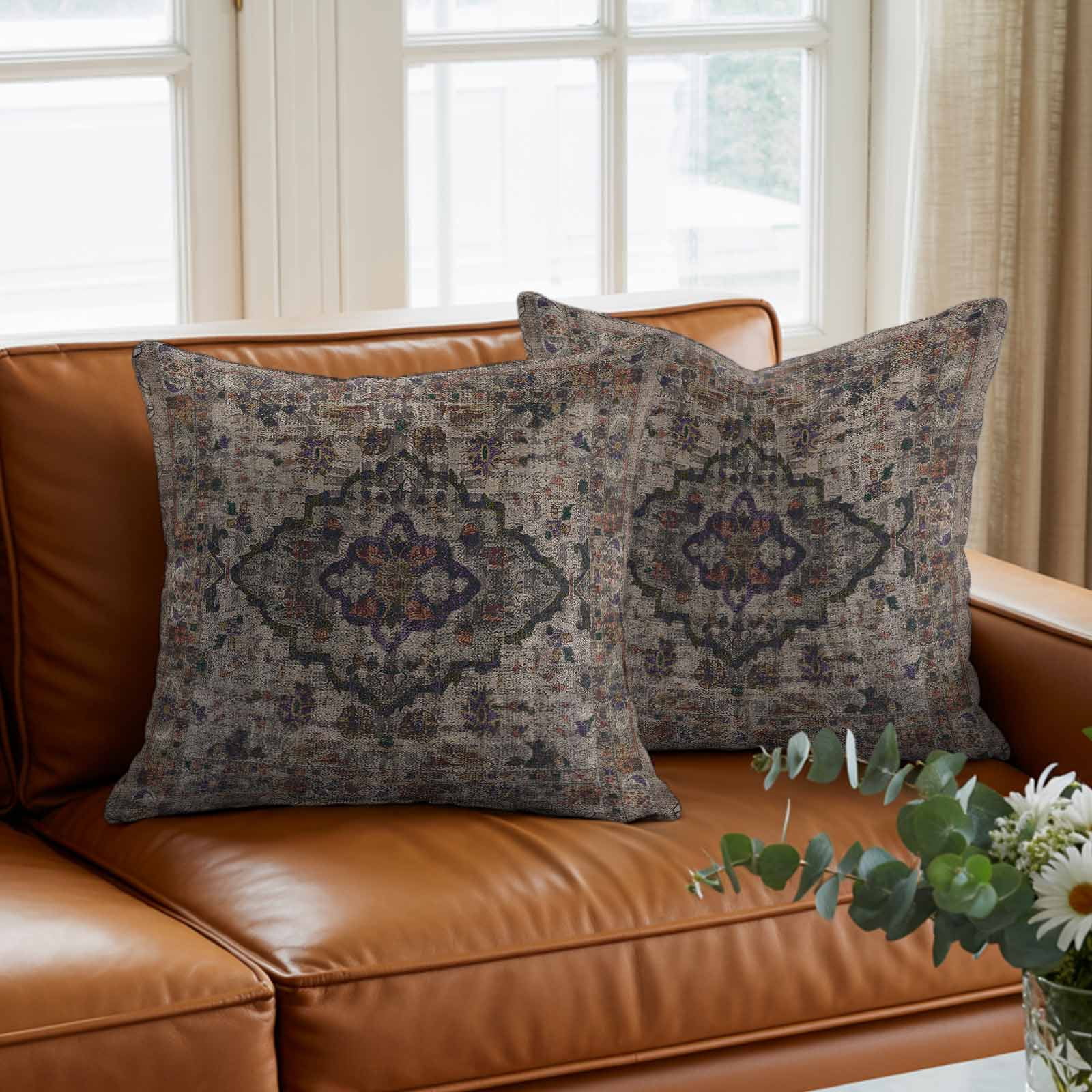 Pillow Covers 26x26 Inch, Boho Vintage Linen Pillowcase with Invisible Zipper, Modern Geometric Abstract Art Retro Flowers Decorative Throw Pillow Covers Cushion Case for Couch Sofa Bed Living Room