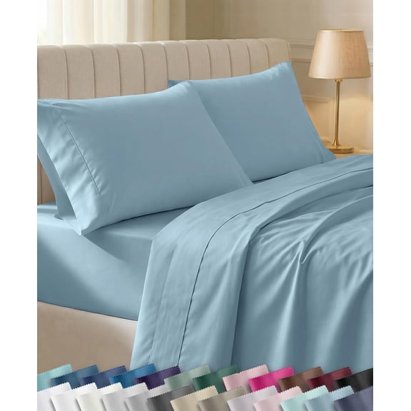 100% Cotton Sateen Bed Sheets Queen Size Sky Blue 400 Thread Count 16 Inch Deep Pocket 4 Piece Set
