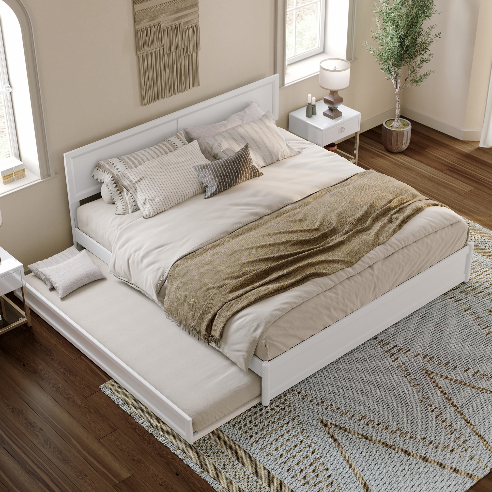 AFI Lylah King Wood Platform Bed with Panel Footboard and Twin-XL Trundle, White
