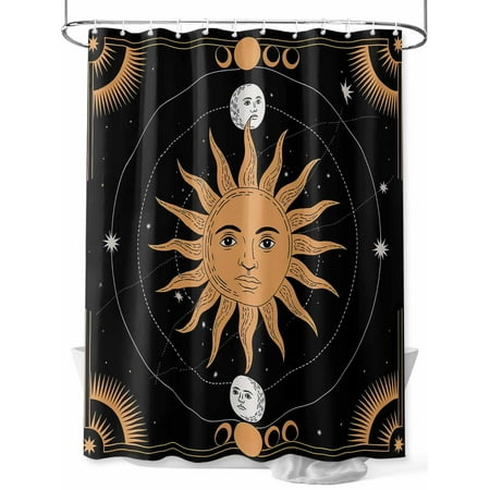 Shower Curtain Celestial Sun and Moon Bathroom Curtains with Hooks, Waterproof Fabric Black Sky Gold Star Boho Bath Shower Curtains Set for Bathroom Bathtubs Decor 36x72 Inch