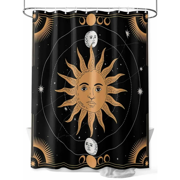 Shower Curtain Celestial Sun and Moon Bathroom Curtains with Hooks, Waterproof Fabric Black Sky Gold Star Boho Bath Shower Curtains Set for Bathroom Bathtubs Decor 36x72 Inch