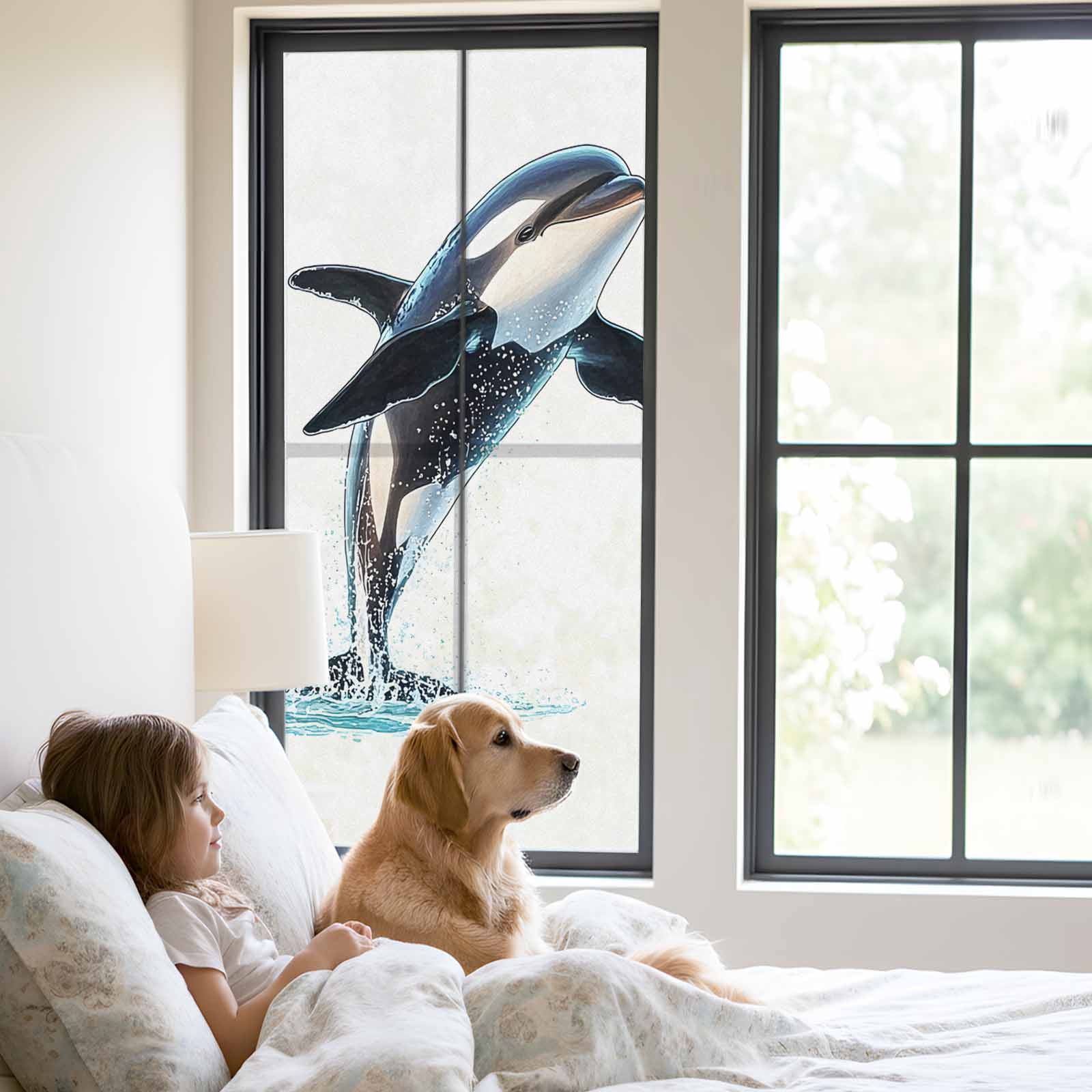 Cute Killer Whale Window Privacy Film, Orca Animal Ocean Retro Artwork Static Cling UV Sun Blocking Heat Control Window Tint Day and Night, Non-Adhesive One Way Windows Privacy Cover 23.6''x59''