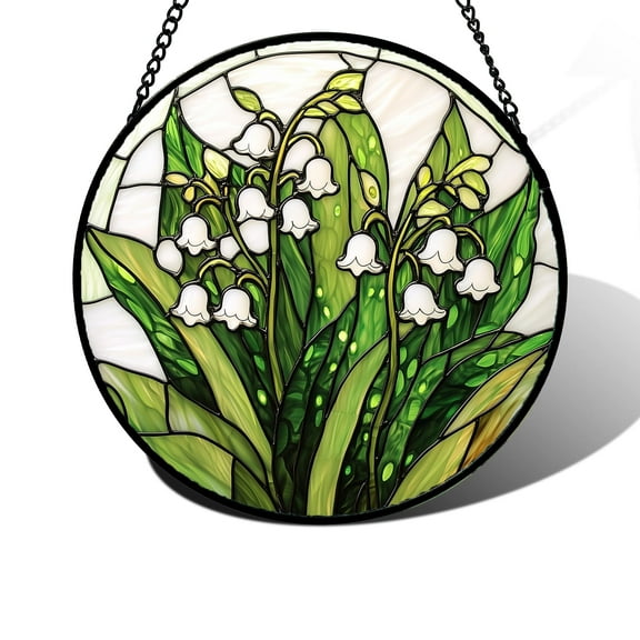 Stained Glass Window Hanging, Lily of The Valley Flower Sun Catchers Colorful Glass Panel Green Plants Suncatcher Decor for Birthday for Women,Men,Wife, Lovers, and Mom