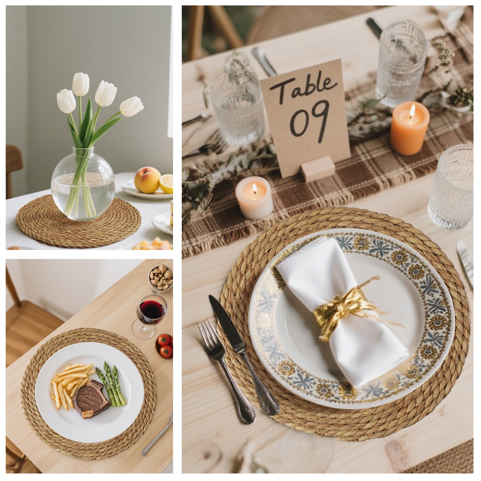 6 Pack Round Woven Placemats Natural Water Hyacinth Wicker Place mats Braided Straw Table Mats Charger Plates for Dining Table, Fall, Thanksgiving, Christmas (11.8 inch)