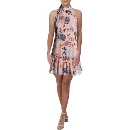 Vince Camuto Womens Petites High Neck Ruffled Halter Dress