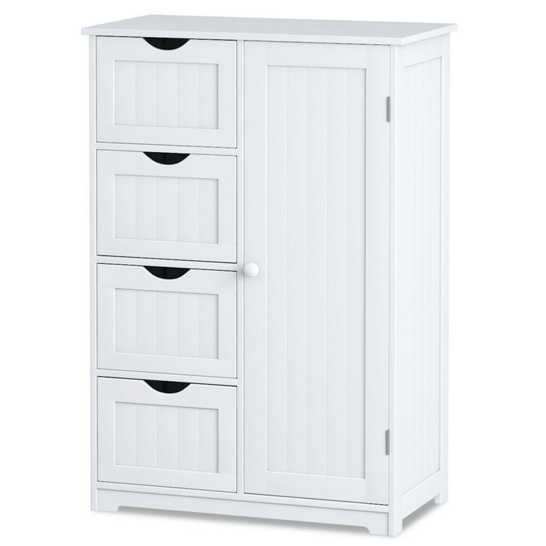 Costway Wooden 4 Drawer Bathroom Cabinet Storage Cupboard 2 Shelves Free  Standing White 