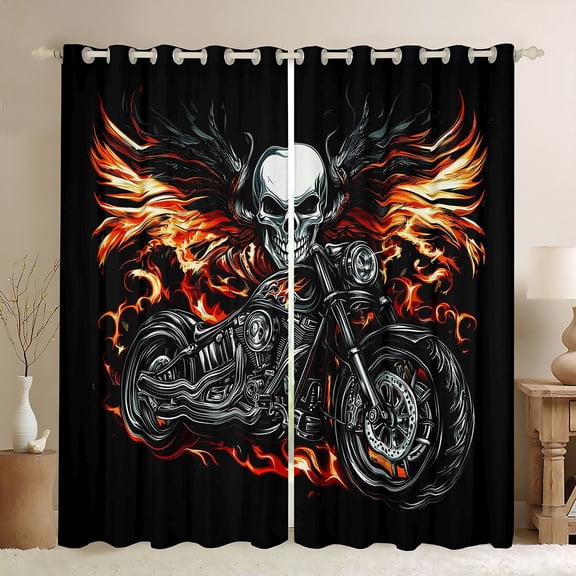Castle Fairy Skull Motorcycle Black Out Curtains for Adults, Flame Print Curtains Pack of 2 (42x63 Each) for Bedroom, Black Red