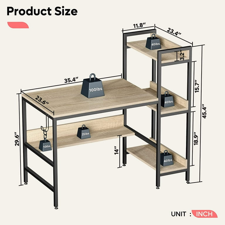 Bestier Computer Office Desk with Steel Frame, Reversible Book Shelves,  Headphone Hook, Adjustable Feet, & Under Desk Storage, Oak