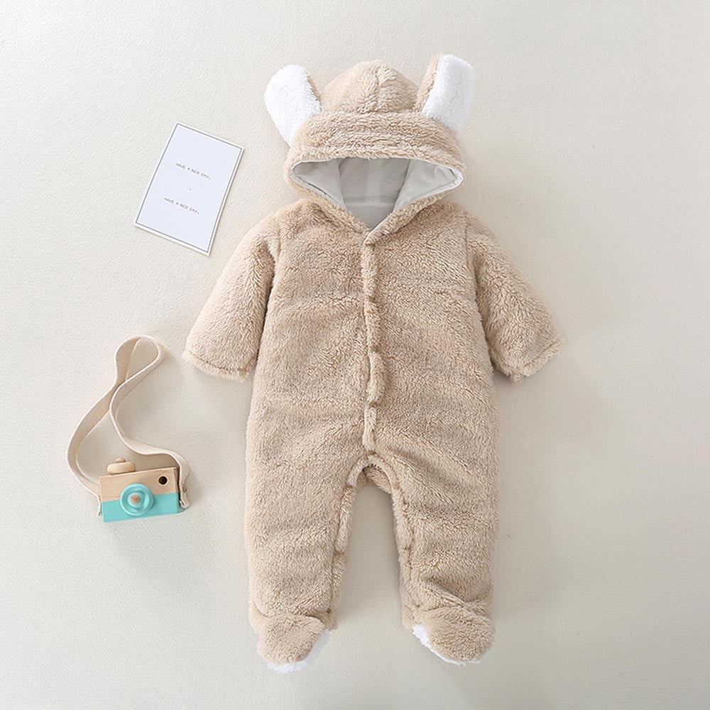 Newborn Baby Cartoon Bear Snowsuit Warm Fleece Hooded Footed Romper Jumpsuit NEW 