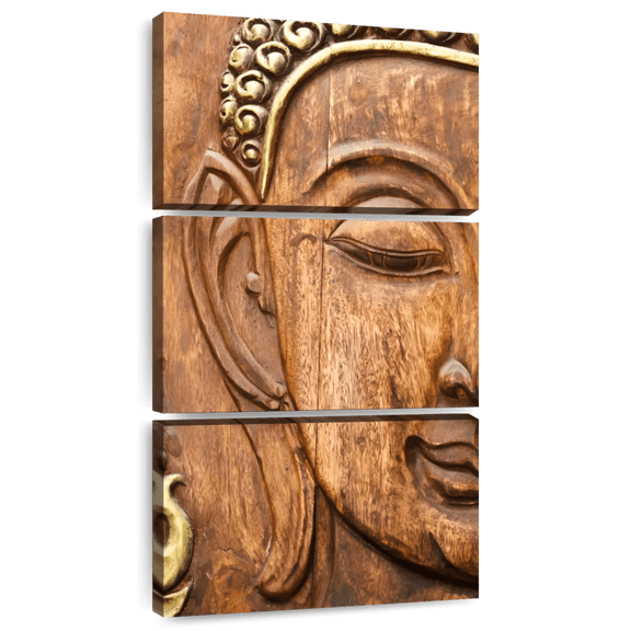 Elephant Stock Wood Carved Buddha Wall Art - Vertical Multi Panel Canvas - Living Room Wall Decor - Religion And Spirituality Multi Panel - Brown And Beige Decor - 12" x 27"