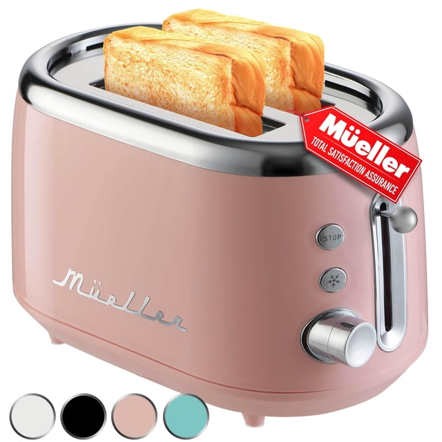 MÜELLERHOME tostador retro 2 rebanadas, 7 niveles de dorado, 3 funciones (recalentar, descongelar, cancelar), características de acero inoxidable, bandeja extraíble para migas, almacenamiento de cable