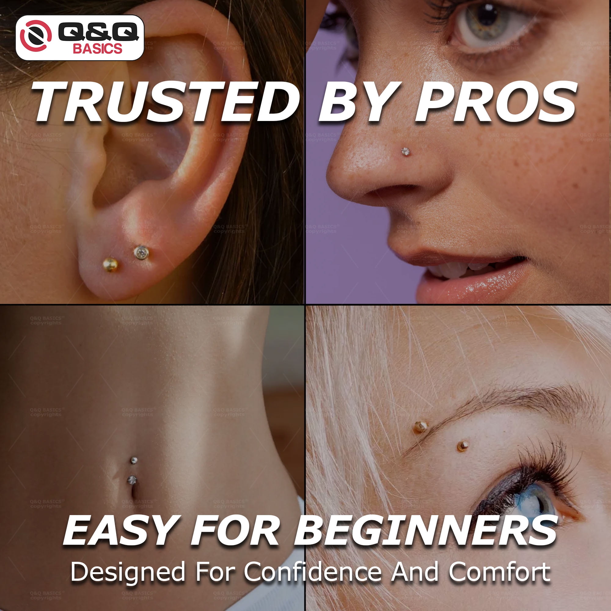 Q&Q BASICS Professional Piercing Gun Kit - Ear Piercing Gun, Nose Piercing Gun, and Body Piercing Gun with Studs Punch Tool Set for Safe and Efficient Piercings