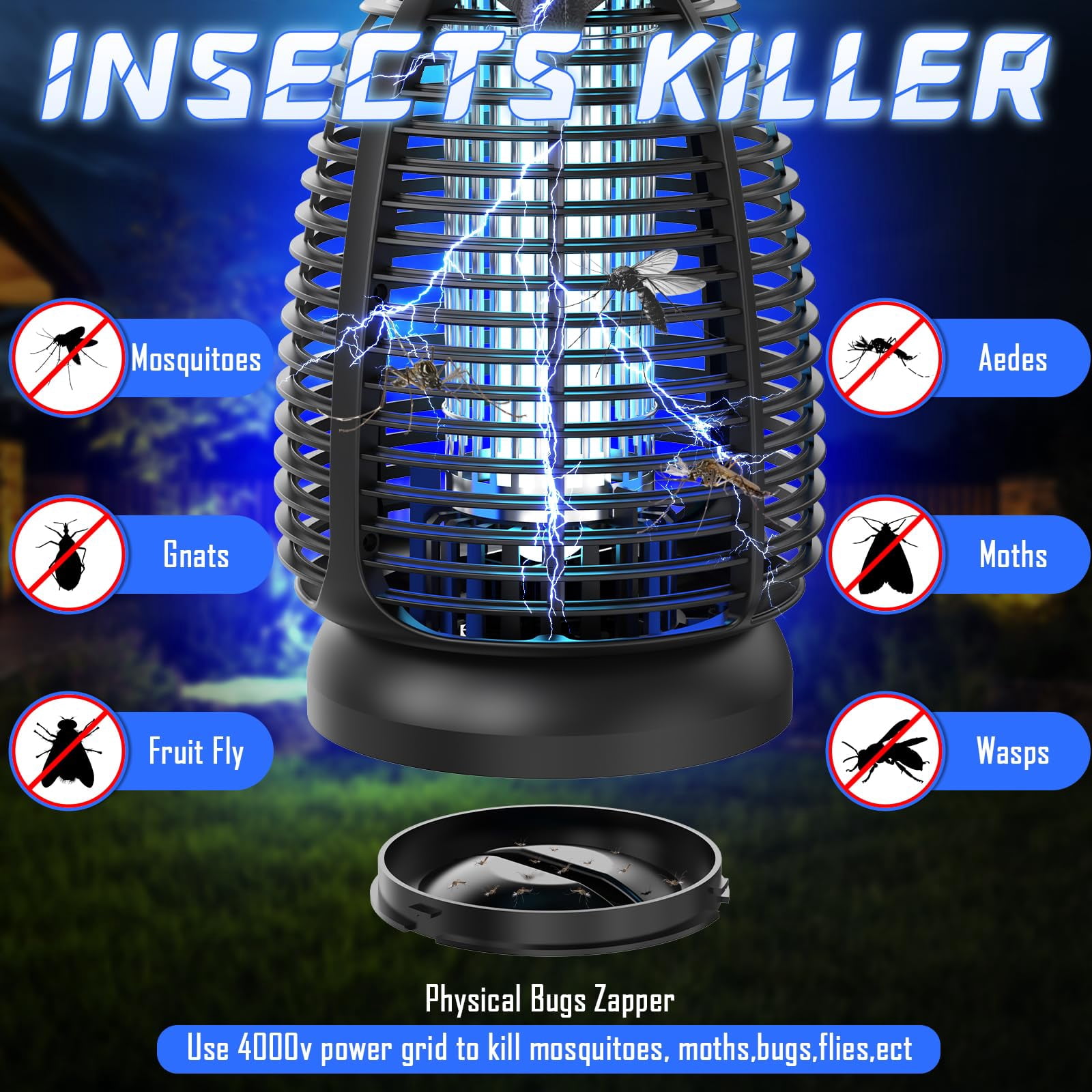 Zapper Outdoor For Mosquito Flies - Electric 4000v Zappers Indoor Waterproof Insect Killer Lamp With Led Light Patio Backyard Porch Garage & Home