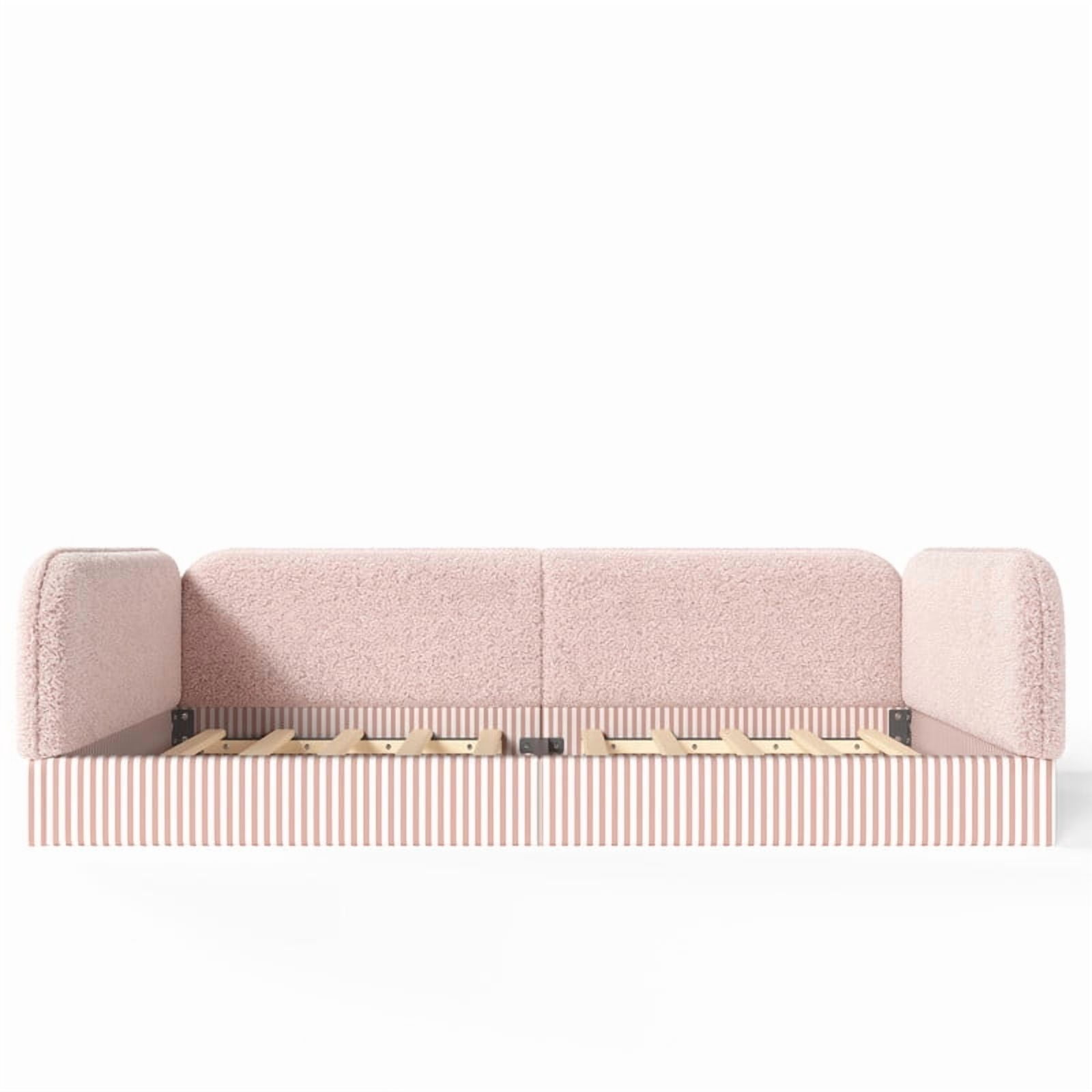 Full Size Upholstered Floor Daybed Frame for Kids, Half-Enclosed Montessori Platform Bed with 3-Sided Surrounding Guardrails