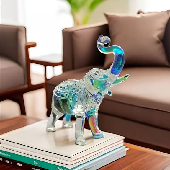 XIBUFE Colorful Crystal Glass Elephant Figurine, Handmade Thai Elephant Statue with Trunk Up, Cute Glass Art Animal Decor, Collectible Gift for Women, Home Table Centerpiece