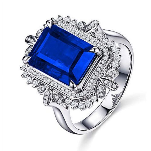 Uloveido Luxury 5 Carat Synthetic Sapphire Ring Adjustable, Silver Color Emerald Cut Blue CZ Rings (Blue)