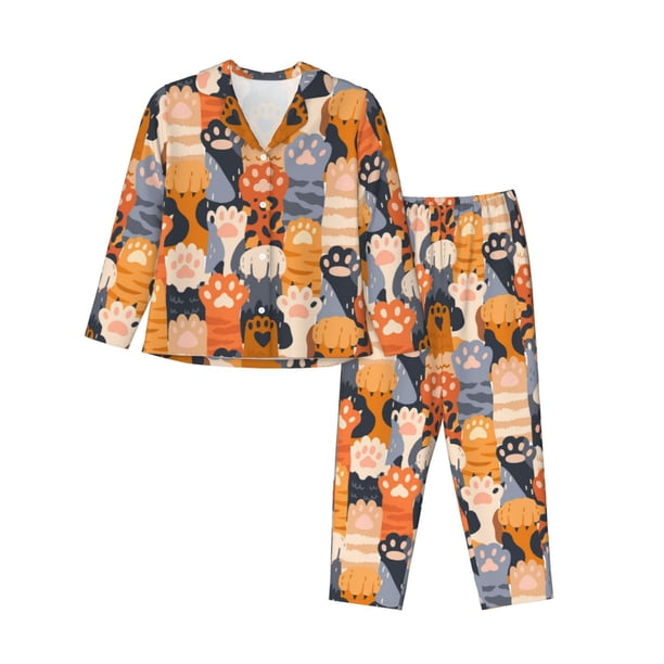 Balery Cute Cat Paw Conjunto de Pijama con Estampado para Mujer, Conjunto de Dos Piezas con Manga Larga, Ropa de Dormir Suave con Bolsillos, Pijamas Cómodos-Small