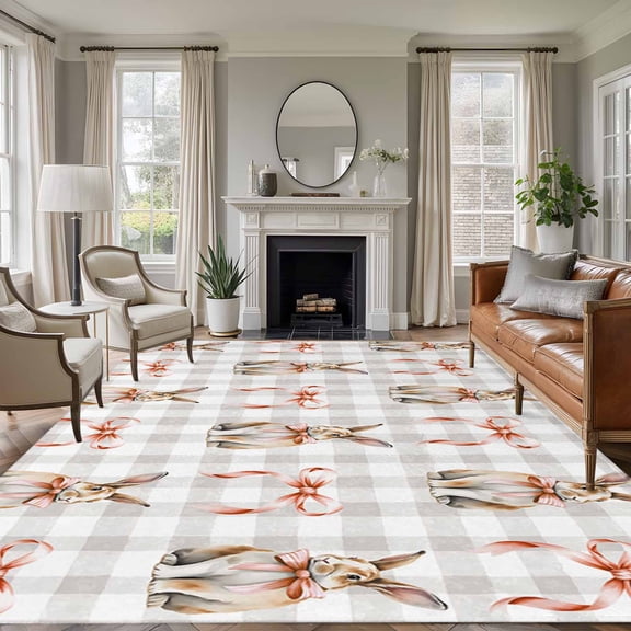 Large Area Rugs for Living Room Bedroom, Easter 5'x8' Rug Washable Carpet Runner Indoor Outdoor, Spring Pink Bow Bunny Grey White Checkered Non Slip Floor Mats Rug for Kitchen, Bathroom