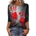 thumbnail image 2 of Womens Halloween Shirts Castle Pumpkin Graphic 3/4 Sleeve Spooky Tees Witch Hat Loose Fit Crew Neck Scary Cute Blouse 2XL, 2 of 4